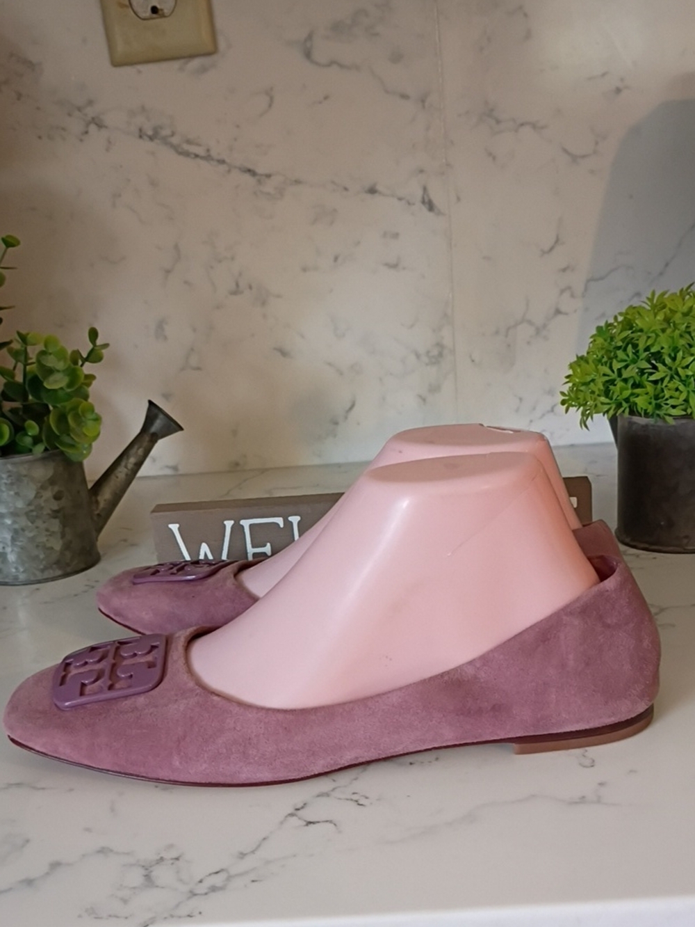 Tory Burch Women's Pink Suede Square-Toe Flats with Decorative Emblem